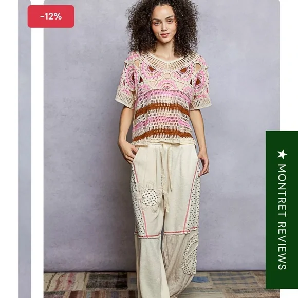 POL boho weave pattern Crochet knit Pink and Brown Top one size - Picture 6 of 10